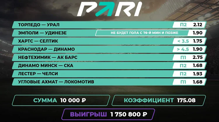 Клиент PARI собрал экспресс на сумму 10 000 рублей и выиграл почти 2 млн рублей